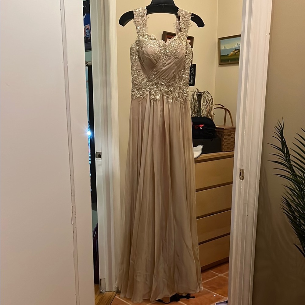 La Femme Cream Embellished Ruffled Gown